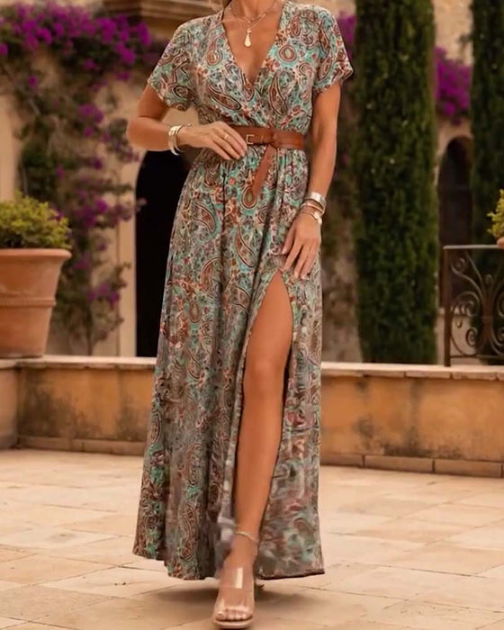 Sukienka Dekolt W Vintage Paisley Rozcięcie Długa
