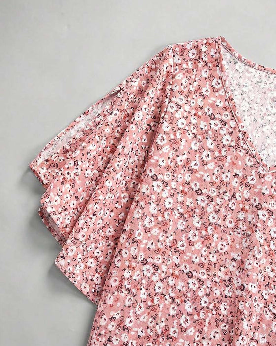 Bluzka V-Szyjka Kwiatowy Off-Shoulder Rękaw Motylkowy