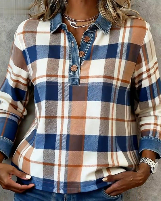 Bluzka casualowa z denimu w kratę patchworkową