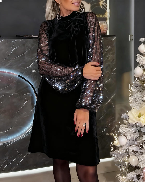 Elegancka Sukienka Z Bufiastymi Rękawami I Patchworkiem