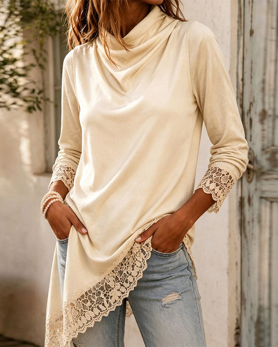 Top Mock Neck Koronka Patchwork Nieregularny