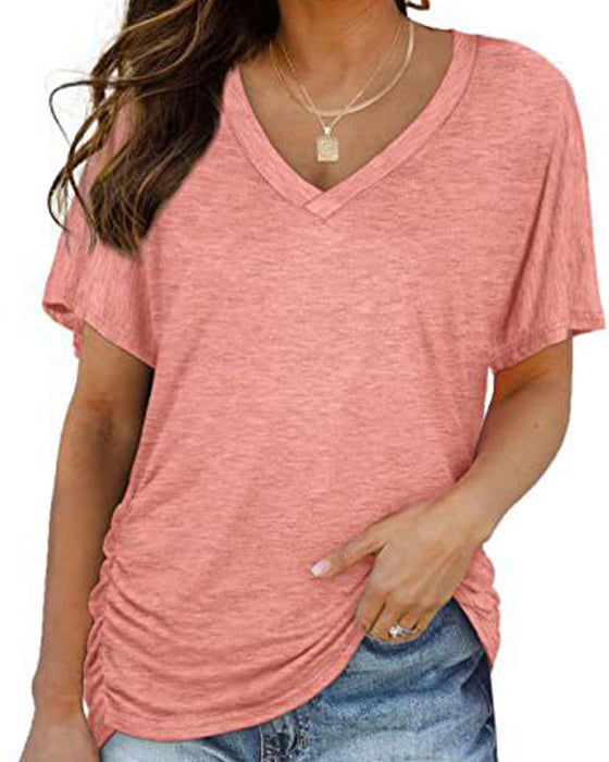 T-Shirt Plisowany Jednokolorowy Dekolt W Serek