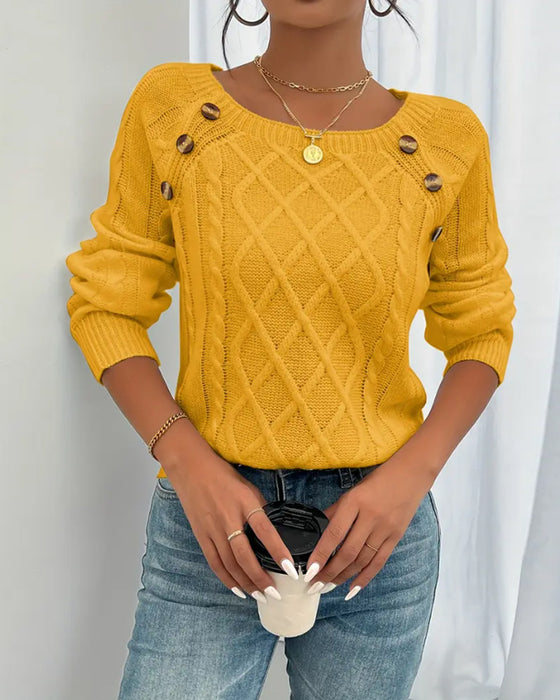 Sweter Jednokolorowy Rękaw Raglan Sprzączka Warkocz Ścieg