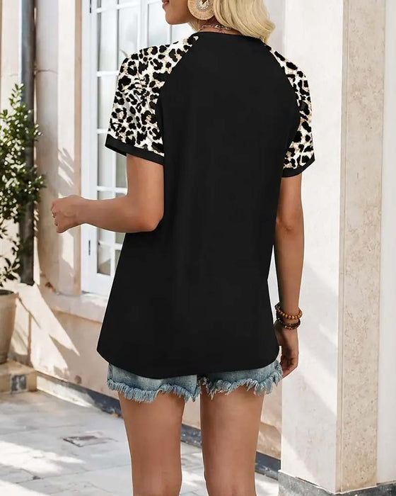 T-Shirt Okrągły Dekolt Blok Kolorów Rękaw Raglan