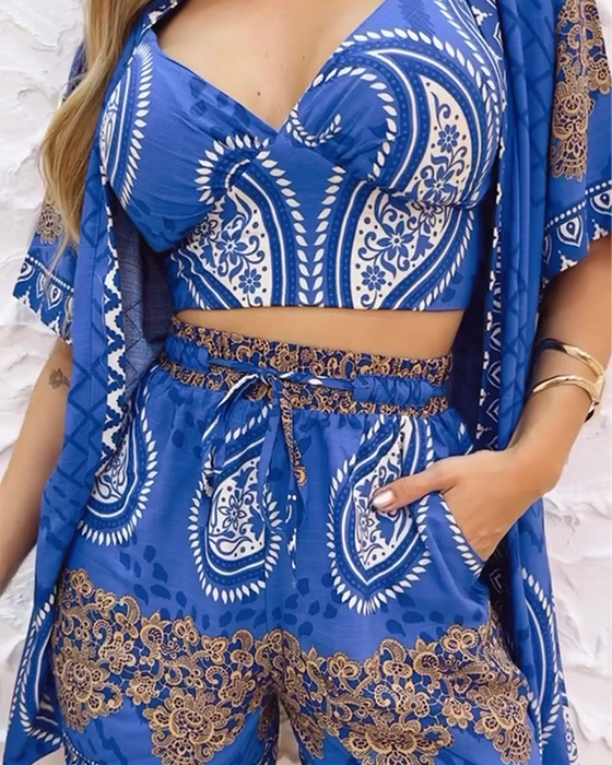 Elegancki kostium kąpielowy z nadrukiem paisley, trzyczęściowy