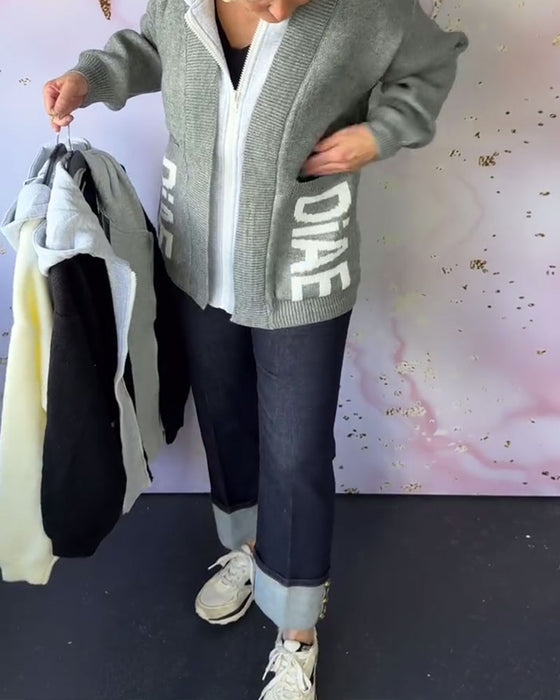 Luźny Sweter Płaszcz z Długim Rękawem i Nadrukiem Liter