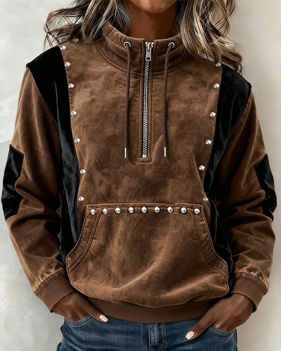 Sweatshirt Zamek Błyskawiczny Blok Koloru Luźny