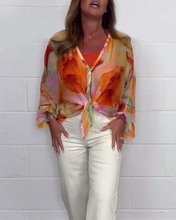 Bluzka z długim rękawem i dekoltem w kształcie litery V z nadrukiem w stylu casual