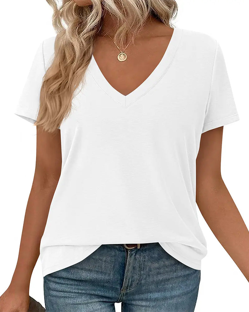 T-Shirt Pullover Dekolt V Gładki