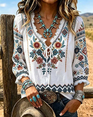 Bluzka V-Szyja Bohemian Ruffle