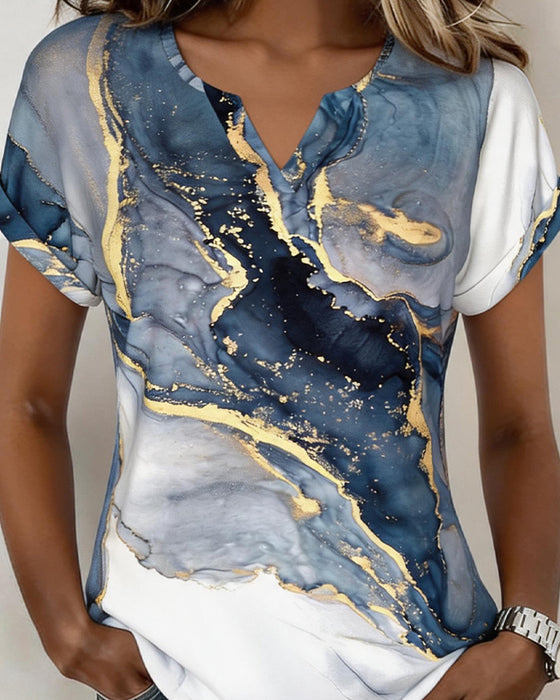 T-Shirt Marmurkowy Druk Dekolt W