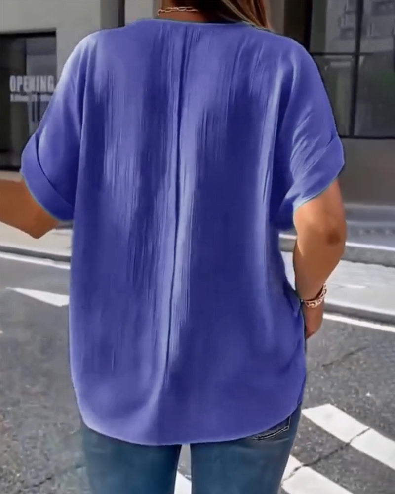 100% Bawełna  T-Shirt V-Dekolt Luźny Teksturowany