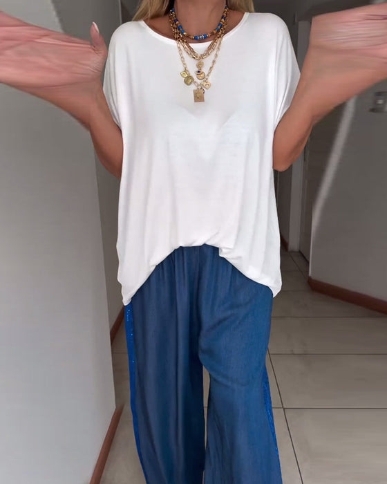 Koszulka z krótkim rękawem i okrągłym dekoltem w jednolitym kolorze