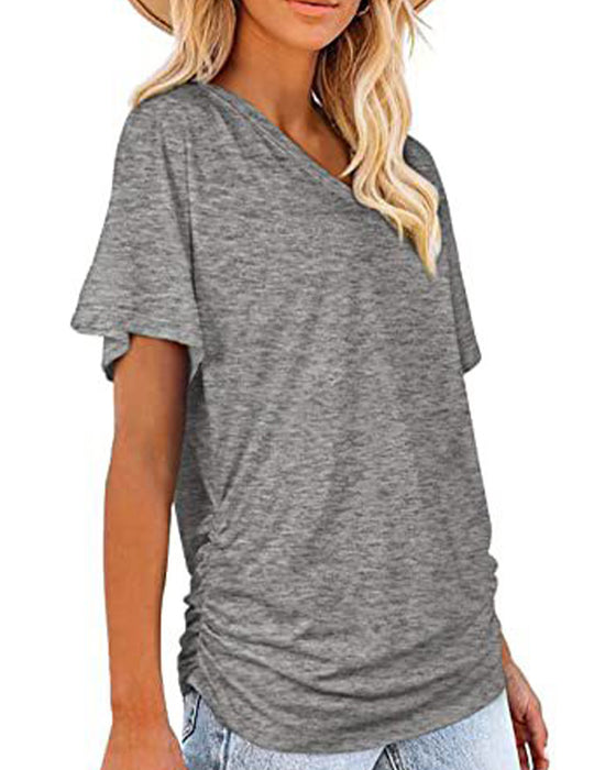 T-Shirt Plisowany Jednokolorowy Dekolt W Serek