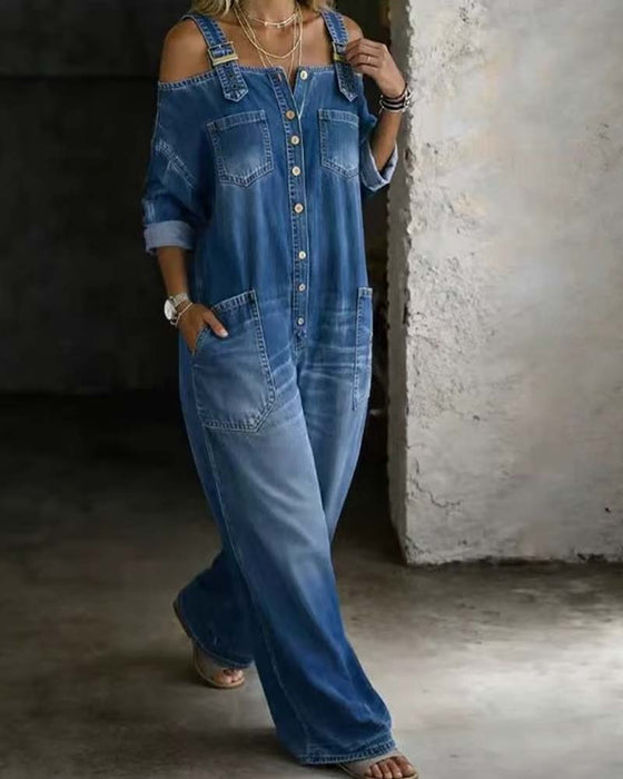 Jumpsuit Ramiączko Spaghetti Odkryte Ramię Szeroka Noga Denim