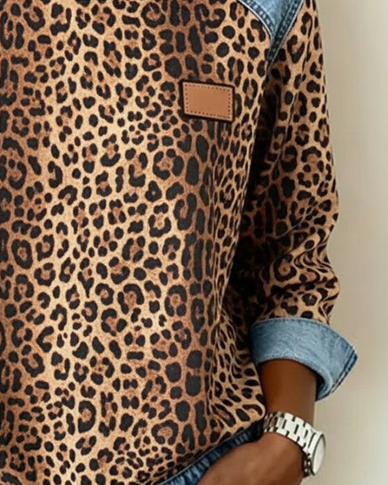 Bluza Leopardzi Print Dżins Patchwork