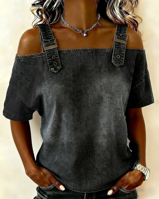 Bluzka Off-Shoulder Z Paskiem Na Ramieniu Denim
