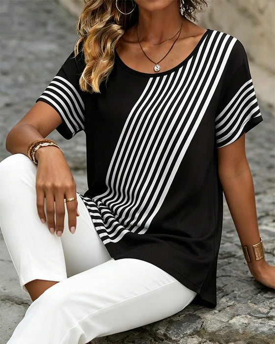 T-Shirt Ukośny Pasek Patchwork Okrągły Dekolt