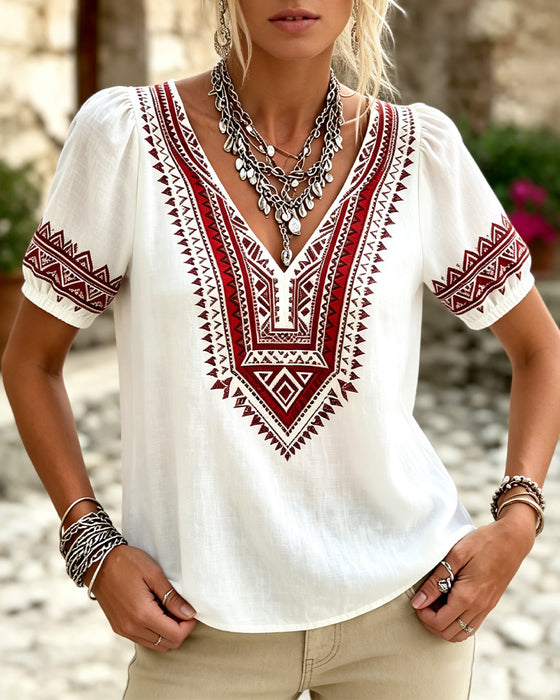 Bluzka V-Szyja Bohemian Bąbelkowe Rękaw