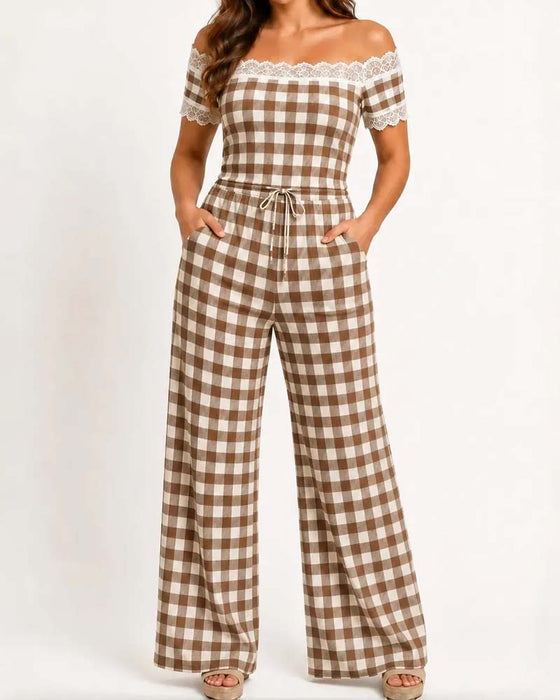 Set Off-Shoulder Koronkowa Lamówka Pasek Szeroka Noga Spodnie