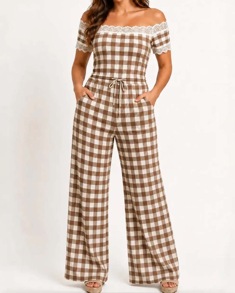 Set Off-Shoulder Koronkowa Lamówka Pasek Szeroka Noga Spodnie