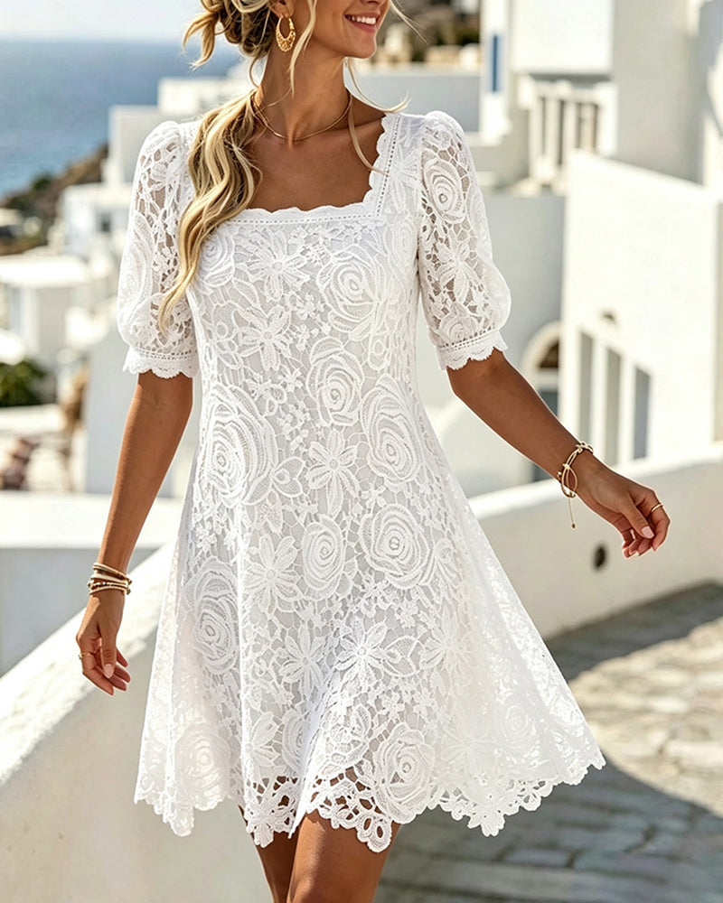 Sukienka Koronka Patchwork Wykrojony Kwadratowy Dekolt