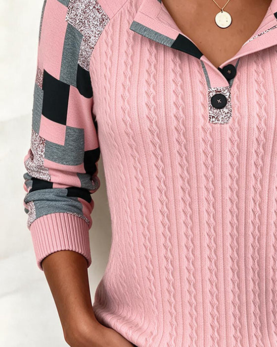 Bluza Kolorowe Bloki Kołnierz Henley Długi Rękaw Zapięcie Na Guziki