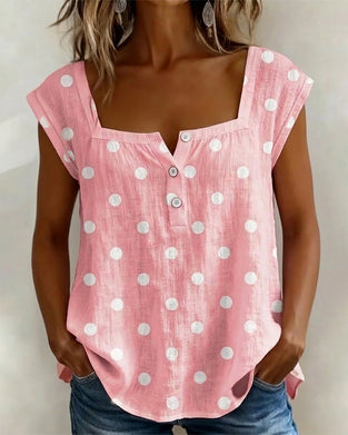 T-Shirt Kwadratowy Dekolt W Kropki Krótki Rękaw