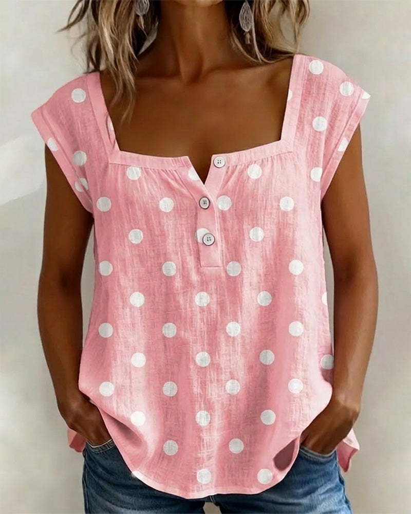 T-Shirt Kwadratowy Dekolt W Kropki Krótki Rękaw