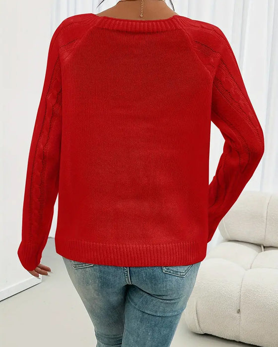 Sweter Jednokolorowy Rękaw Raglan Sprzączka Warkocz Ścieg