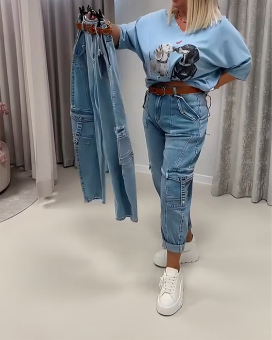 Jeans Wysoki Stan Styl Cargo