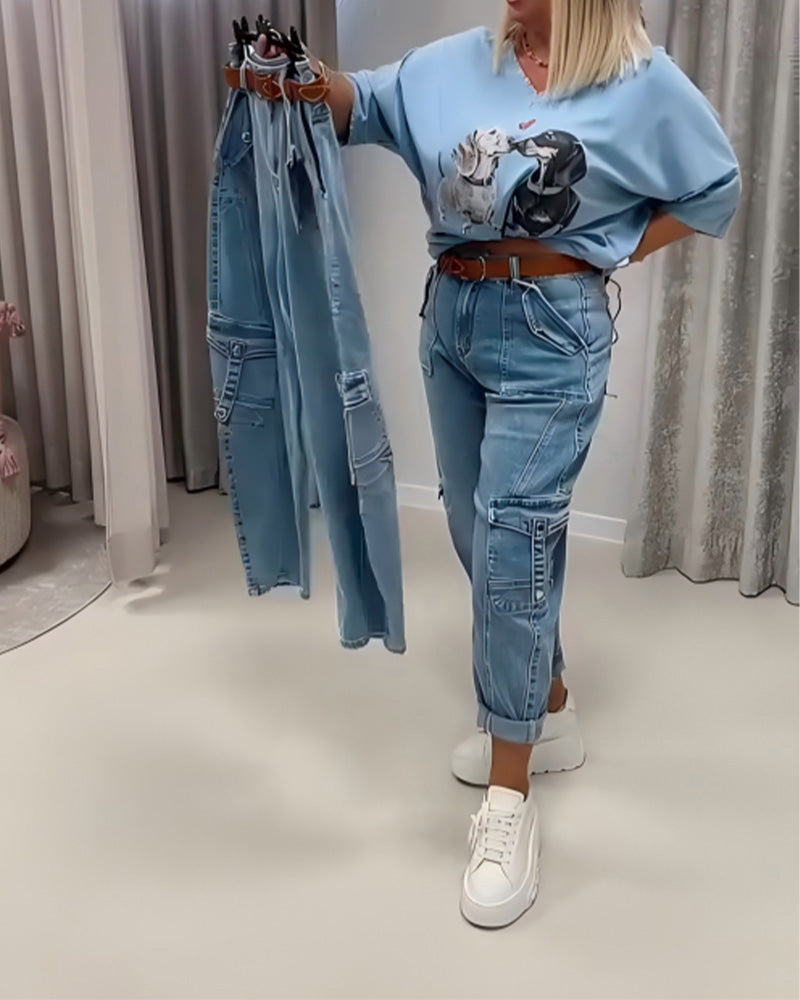 Jeans Wysoki Stan Styl Cargo
