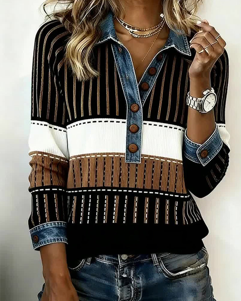 Uniwersalna Bluza Color-Block Z Kołnierzem Na Guziki