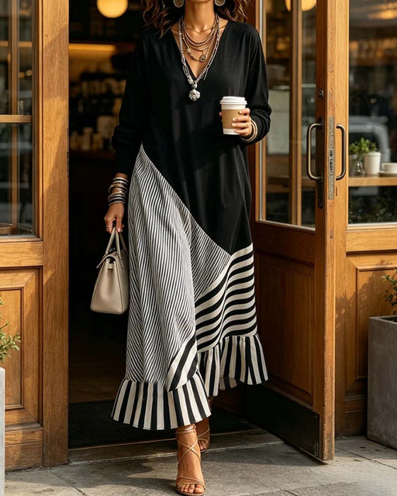 Sukienka V-Szyja Pasek Patchwork Ruffle