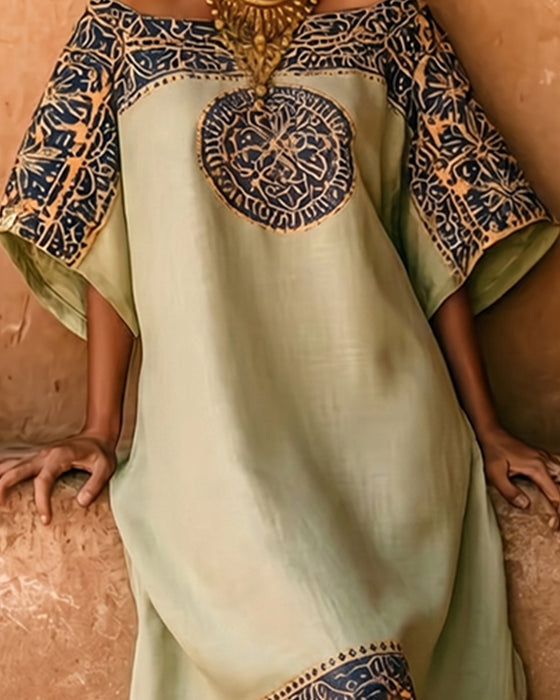 Sukienka Etniczny Nadruk Off-Shoulder Długi