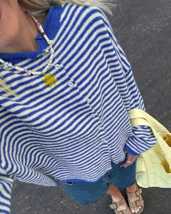 Pullover Okrągły Dekolt Guzik Z Przodu W Paski