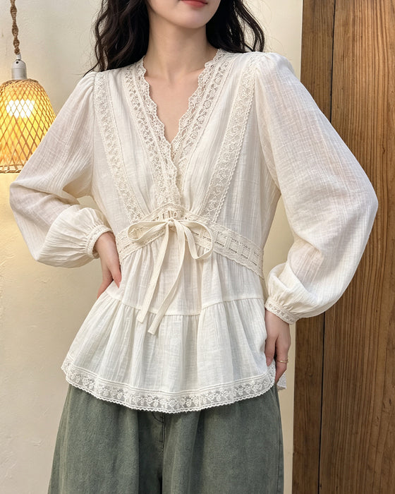Bluzka V-Szyjka Balonowy Rękaw Koronka Patchwork Rozkloszowany