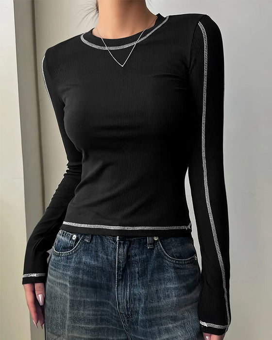 Top Stylowy Okrągły Dekolt Slim Fit Długi Rękaw