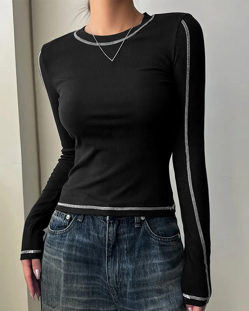 Top Stylowy Okrągły Dekolt Slim Fit Długi Rękaw