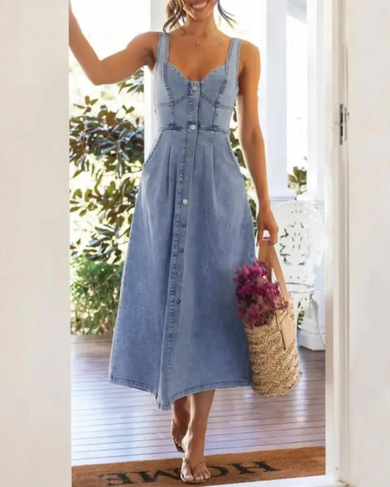 Sukienka Spaghetti Ramiączko Guzik Talia Wcięta Denim
