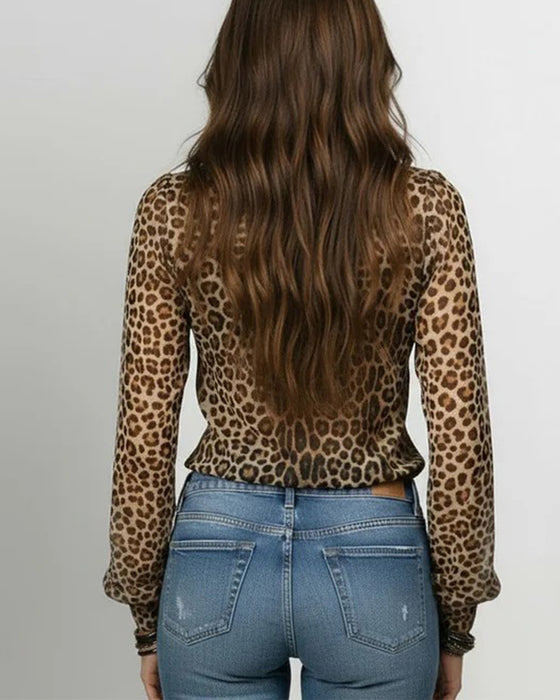 Bluzka Z Falbankami Dekolt W Serek Print Leopard