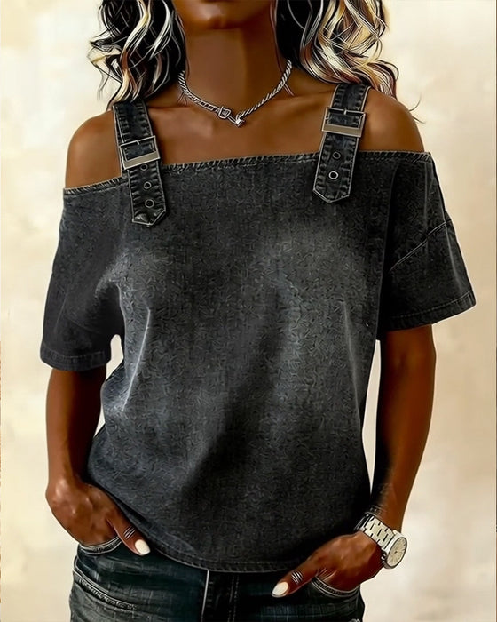 Bluzka Off-Shoulder Z Paskiem Na Ramieniu Denim