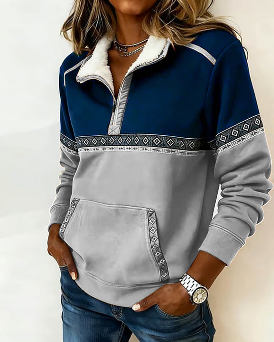 Bluza Retro Z Color Blocking I Futrzanym Kołnierzem