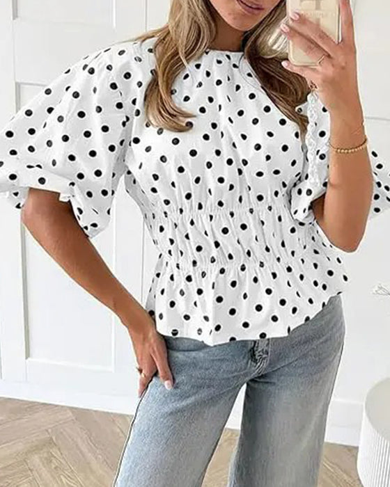 Bluzka Kropka Off-Shoulder Przepasujący Balonowy Rękaw