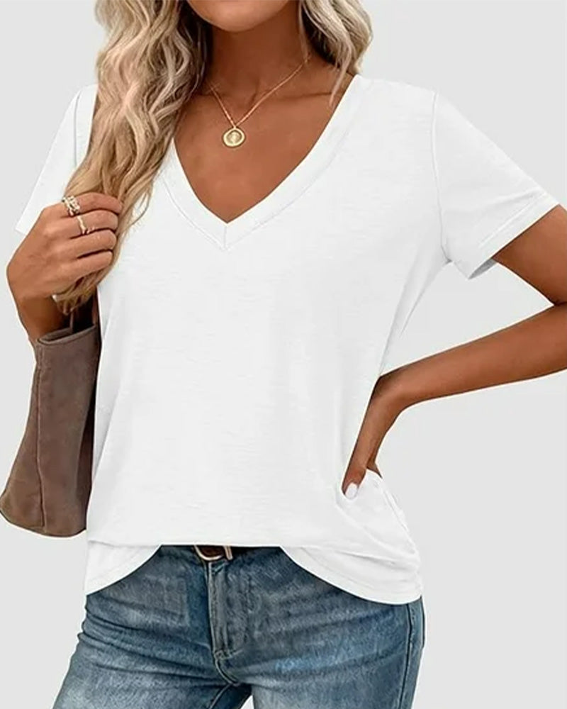 T-Shirt Pullover Dekolt V Gładki