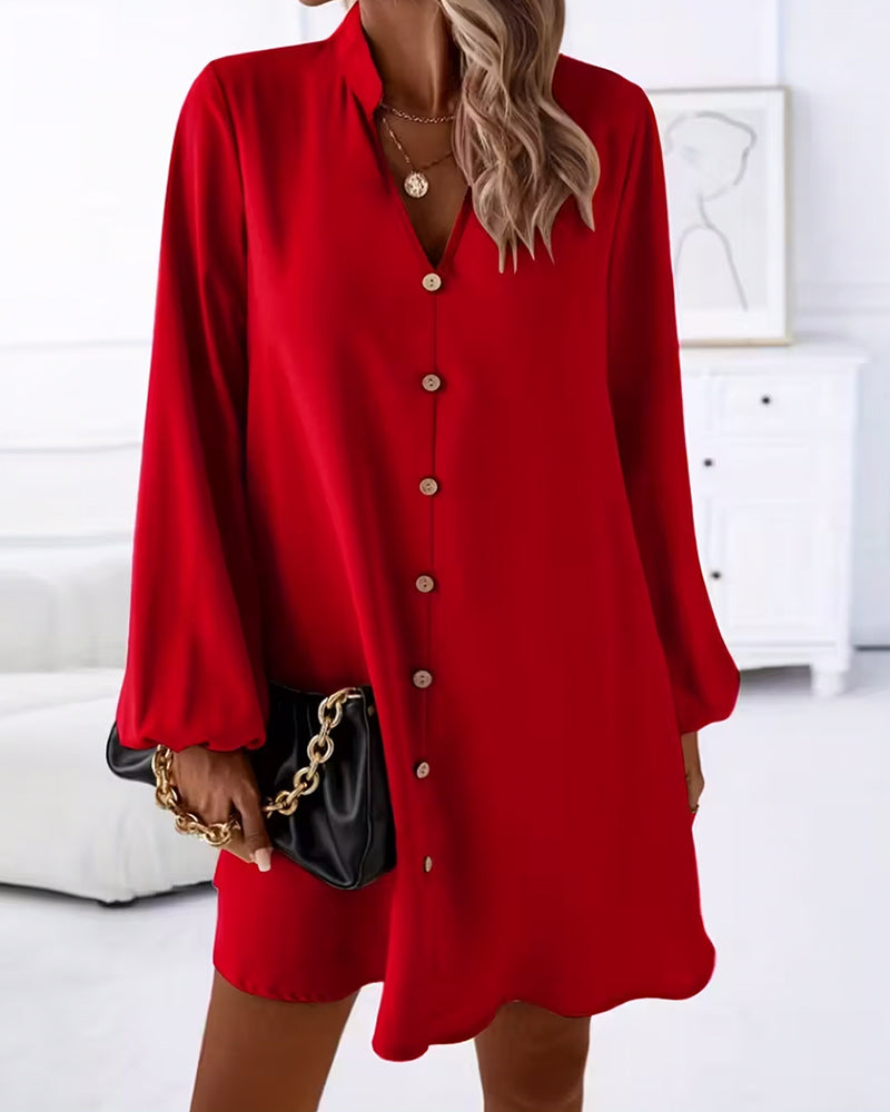 Sukienka Dekolt V Długi Rękaw Jednorzędowa