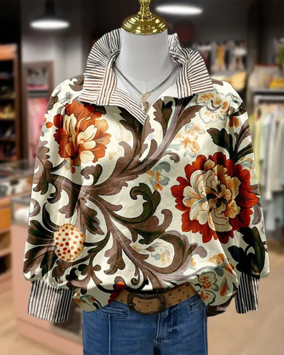Vintage Blomstret Patchwork Stribe Krave Bluse
