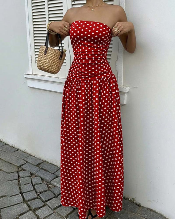 Sukienka Bandeau W Kropki Linia A Długa