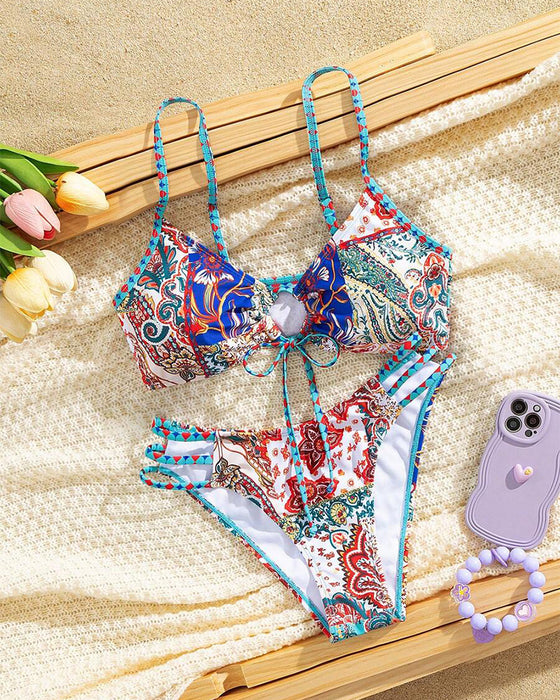 Bikini Wzorzysty Wiązany Seksowny Trójkątny