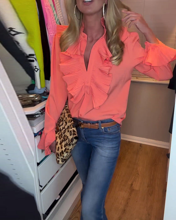 Patchworkowa bluzka z długim rękawem i falbaną w jednolitym kolorze